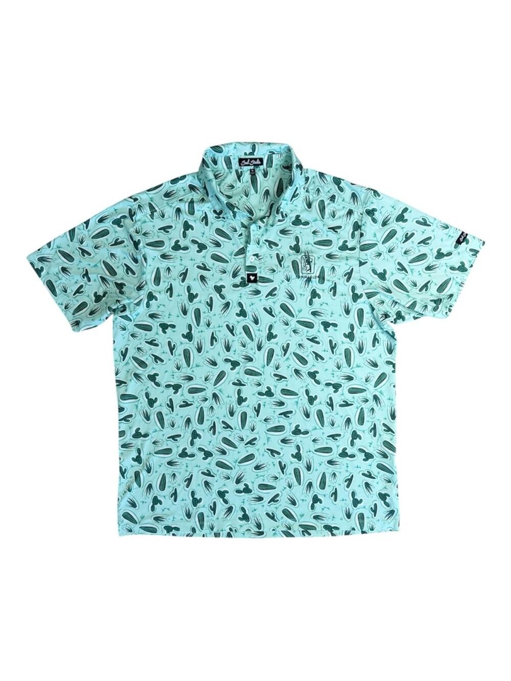 BAD BIRDIE Men’s Light Green Cactus Print Short Sleeve Golf Polo Shirt